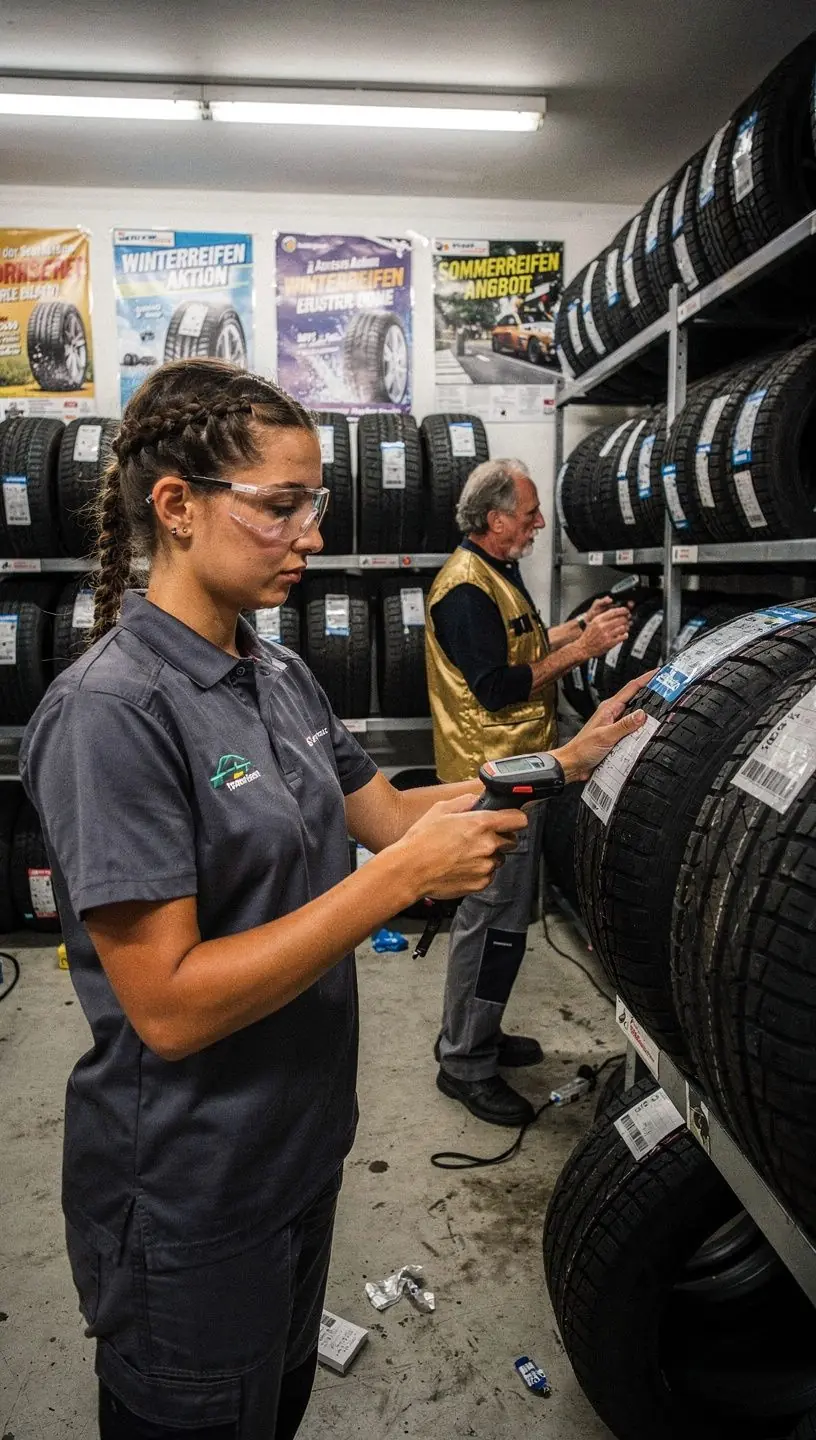 Techniker justiert das Reifenwuchtgerät zur präzisen Auswuchtung von Autoreifen.